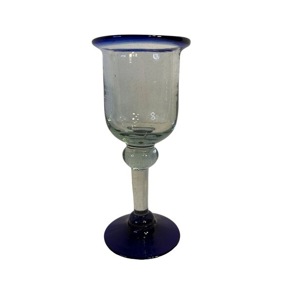 Set-2 Hand Blown Mexican Wine/Water Glass Goblets Cobalt Blue Rims & Base 8" - Picture 6 of 9